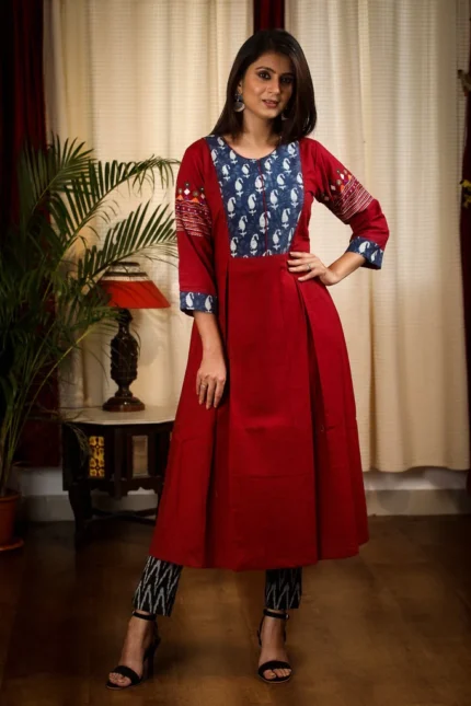A LINE INDIGO & MAROON KURTI : ONE PIECE DRESS WITH SMART EMBROIDERY WORK ON SLEEVES