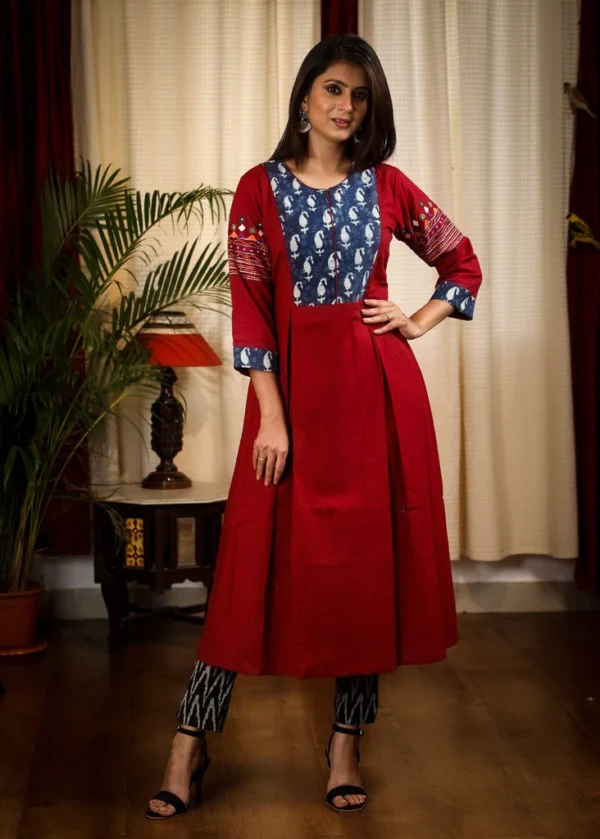 A LINE INDIGO & MAROON KURTI : ONE PIECE DRESS WITH SMART EMBROIDERY WORK ON SLEEVES