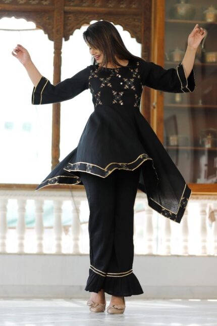 BLACK DESIGNER PARTY WEAR KURTI WITH GOTT DETAILING ON KURTI AND SLEEVES