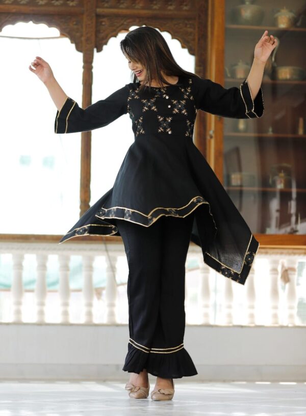 BLACK DESIGNER PARTY WEAR KURTI WITH GOTT DETAILING ON KURTI AND SLEEVES