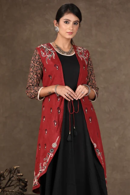 BLACK FLARED COTTON GOWN WITH AJRAKH DETAILING & EMBROIDERY ON JACKET - 2 PIECE (GOWN + JACKET)