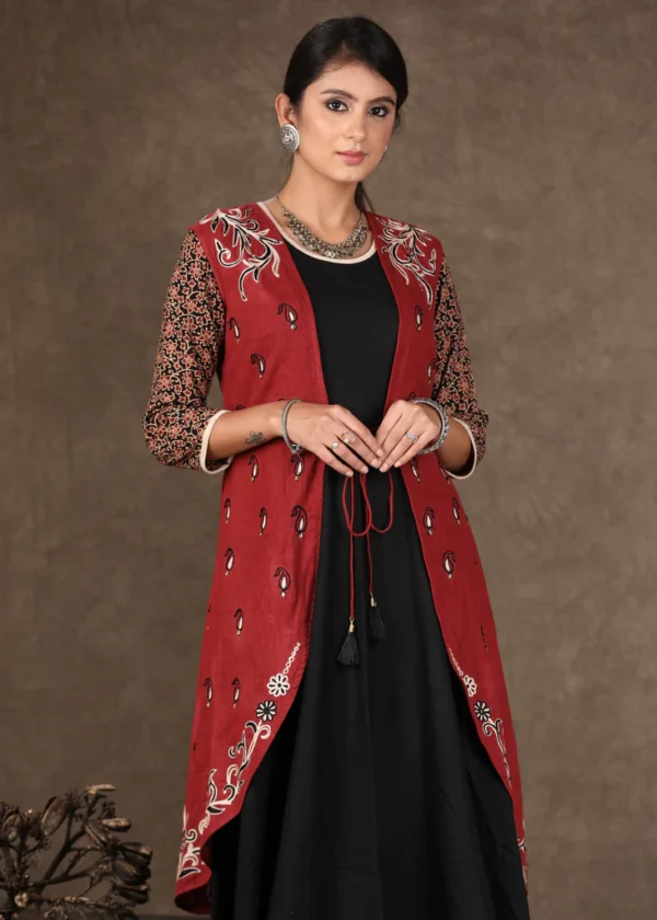 BLACK FLARED COTTON GOWN WITH AJRAKH DETAILING & EMBROIDERY ON JACKET - 2 PIECE (GOWN + JACKET)