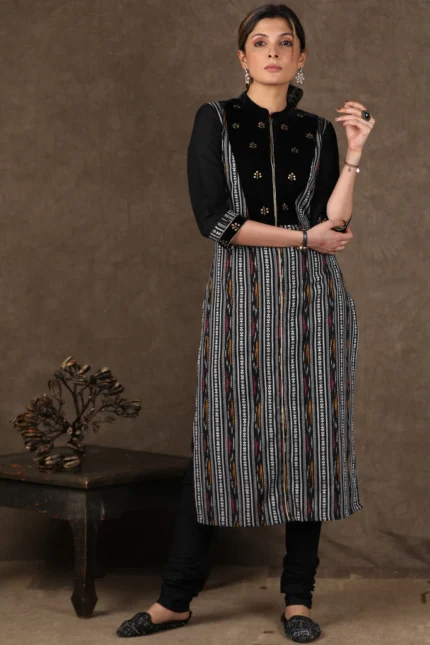 BLACK IKAT KURTI WITH ANTIQUE GOLD WORK, VELVET YOKE AND MATCHING CHURIDAR - 2 PIECE (KURTI + PANT)