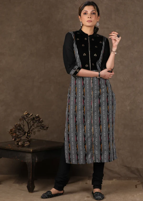 BLACK IKAT KURTI WITH ANTIQUE GOLD WORK, VELVET YOKE AND MATCHING CHURIDAR - 2 PIECE (KURTI + PANT)