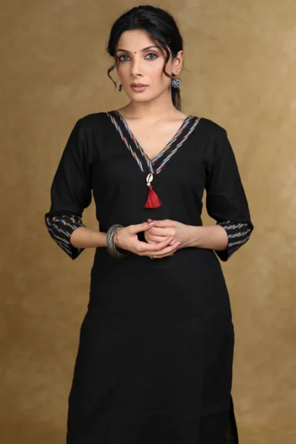 CLASSY BLACK COTTON KURTI WITH IKAT COMBINATION