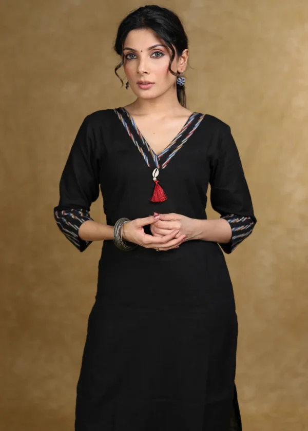 CLASSY BLACK COTTON KURTI WITH IKAT COMBINATION