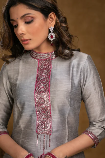 CLASSY GREY COTTON SILK KURTI WITH HAND EMBROIDERY WITH PINK PALAZZO -2 PIECE
