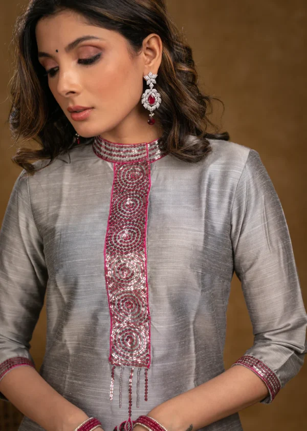 CLASSY GREY COTTON SILK KURTI WITH HAND EMBROIDERY WITH PINK PALAZZO -2 PIECE