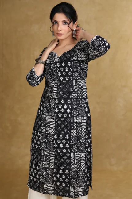EASY TO WEAR COTTON BLACK PATCH WORK PRINTED KURTI