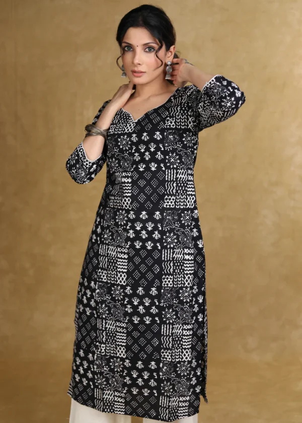 EASY TO WEAR COTTON BLACK PATCH WORK PRINTED KURTI