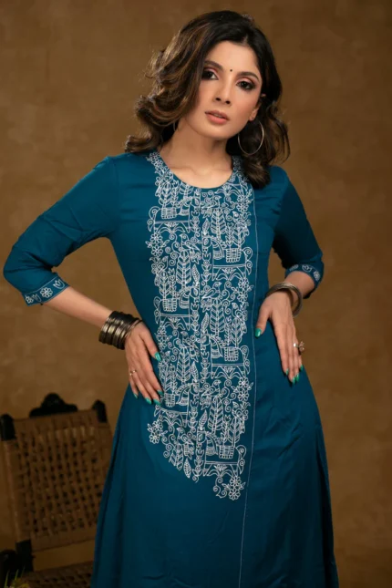 ELEGANT TEAL BLUE RAYON KURTI PANT SET WITH BEAUTIFUL HAND PAINTING, DHOTI PANT AND DUPATTA - 3 PIECE