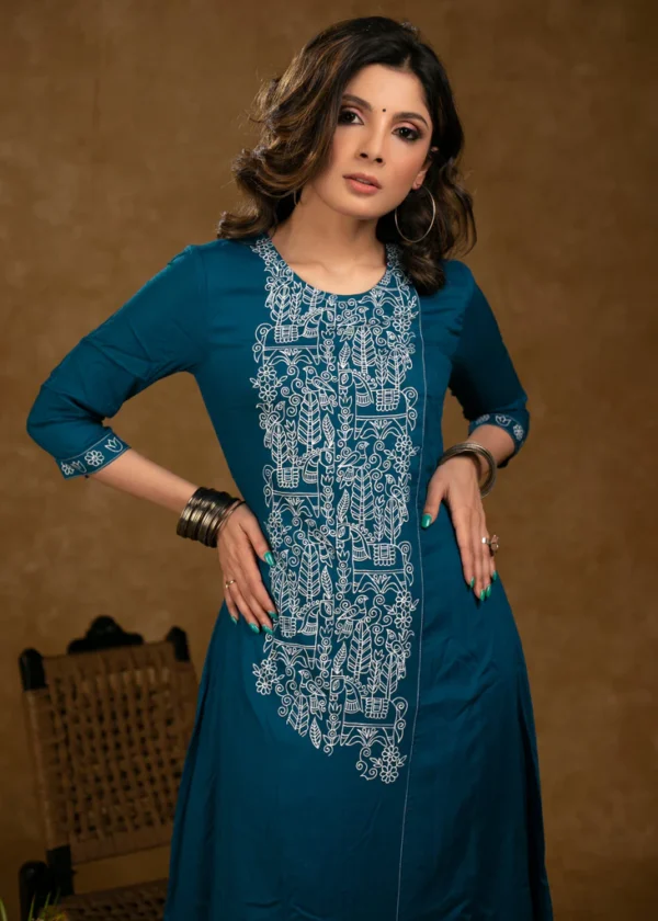 ELEGANT TEAL BLUE RAYON KURTI PANT SET WITH BEAUTIFUL HAND PAINTING, DHOTI PANT AND DUPATTA - 3 PIECE