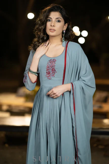 EMBROIDERED GREY GEORGETTE FLARED FESTIVE KURTI WITH PANT - EMBROIDERED DUPATTA OPTIONAL
