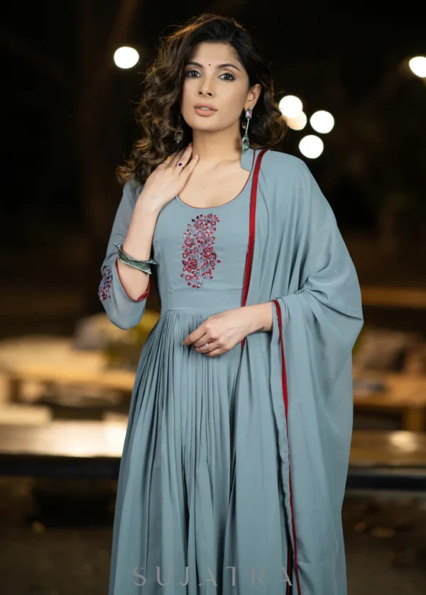 EMBROIDERED GREY GEORGETTE FLARED FESTIVE KURTI WITH PANT - EMBROIDERED DUPATTA OPTIONAL