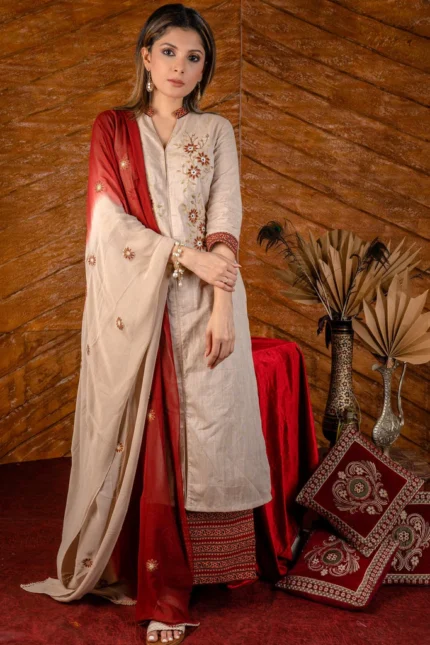 EXCLUSIVE EMBROIDERED COTTON KURTI WITH PRINTED AJRAKH PALLAZO PANT