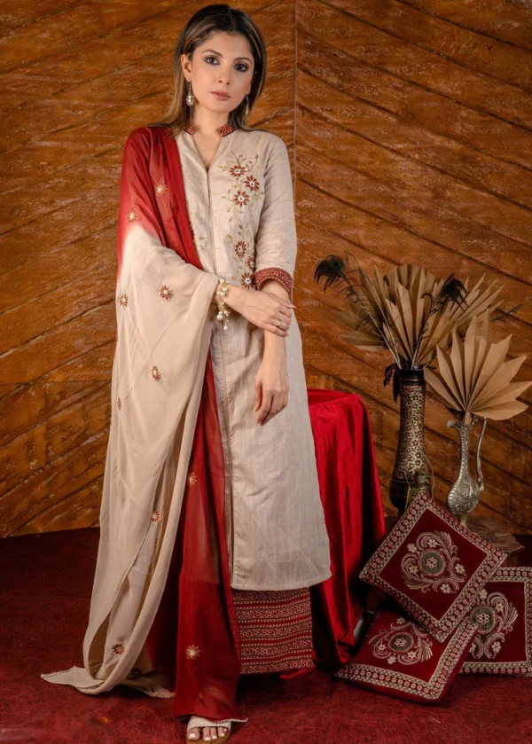 EXCLUSIVE EMBROIDERED COTTON KURTI WITH PRINTED AJRAKH PALLAZO PANT