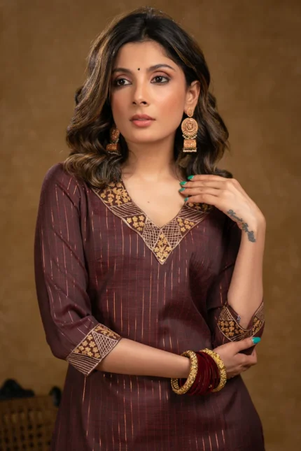 EXCLUSIVE WINE COTTON SILK EMBROIDERED KURTI & MATCHING BROCADE PANTS -2 PIECE