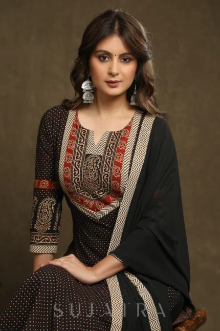 BLACK COTTON AJRAKH COMBINATION KURTI PANT SET
