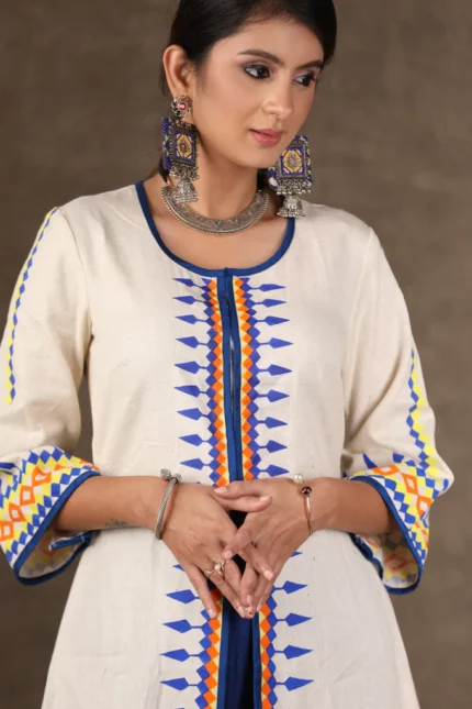 GRACEFUL HAND PAINTED FRONT OPEN KURTI WITH COTTON BLUE FITTED PANTS - 2 PIECE