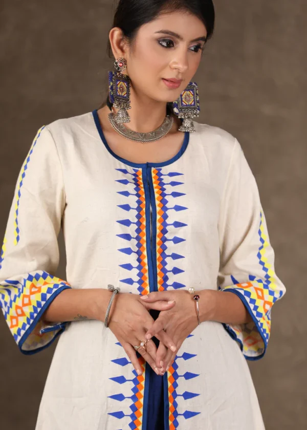 GRACEFUL HAND PAINTED FRONT OPEN KURTI WITH COTTON BLUE FITTED PANTS - 2 PIECE