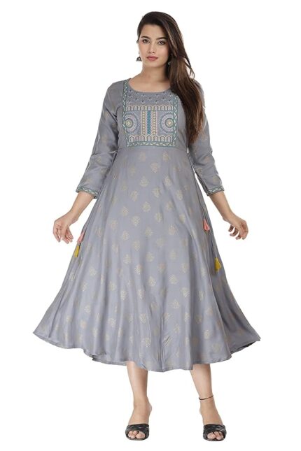 GREY COLOUR DESIGNER KURTI FOR WOMEN WITH EMBROIDERED PRINTED DESIGN