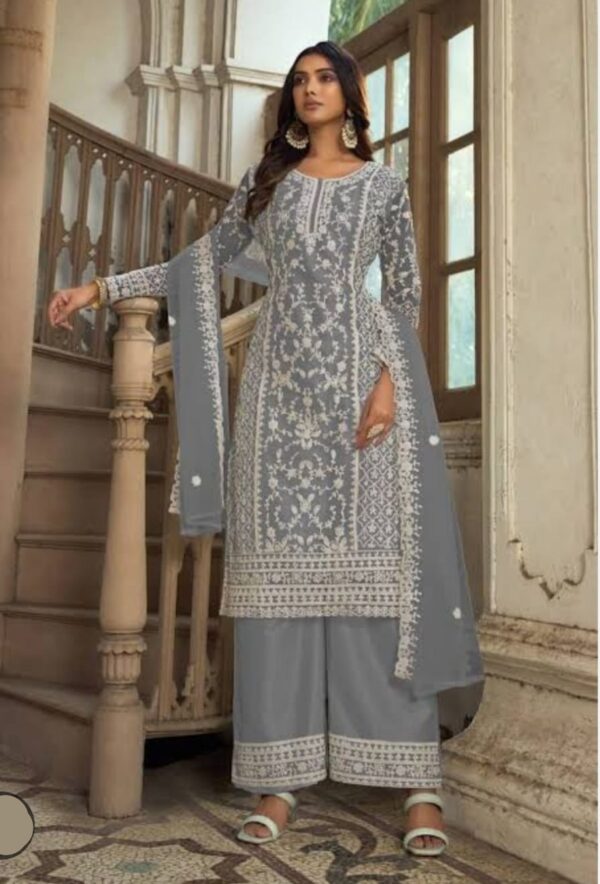 GREY COLOUR DESIGNER SUIT WITH ETHNIC WORK AND BEAUTIFUL HANDMADE WORK OF DUPATTA
