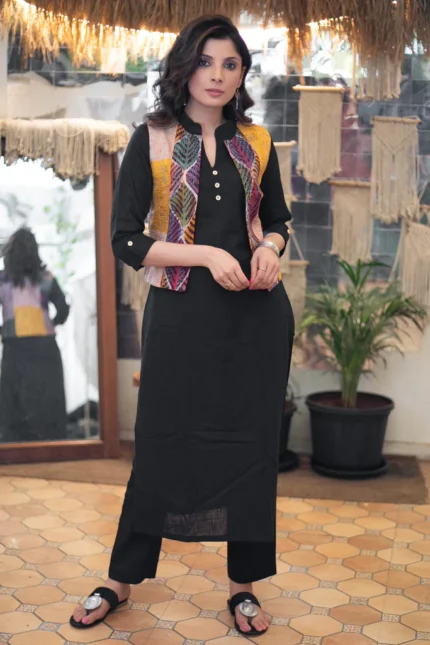 MUST HAVE BLACK COTTON KURTI WITH MULTICOLOR COTTON SILK KANTHA SHORT JACKET