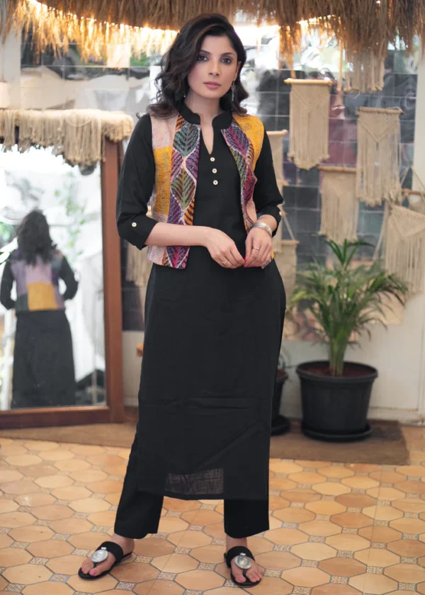 MUST HAVE BLACK COTTON KURTI WITH MULTICOLOR COTTON SILK KANTHA SHORT JACKET