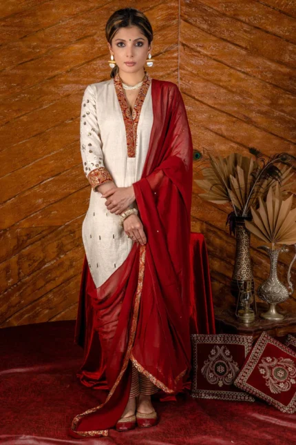 OFF WHITE COTTON EMBROIDERED KURTI & PANT SET WITH BROCADE COMBINATION