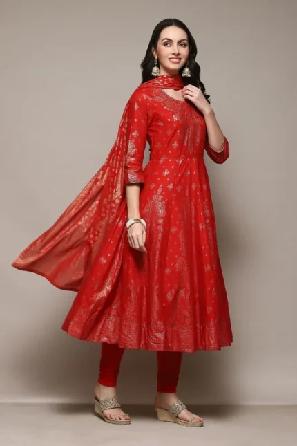 RED COLOUR COTTON ANARKALI Kurti CHURIDAR DESIGNER SUIT WITH ETHNIC WORK