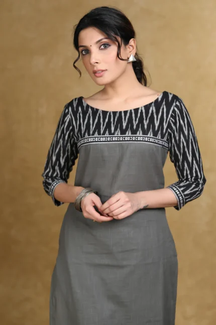 SMART GRAY COTTON KURTI WITH BLACK IKAT COMBINATION