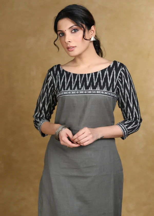 SMART GRAY COTTON KURTI WITH BLACK IKAT COMBINATION