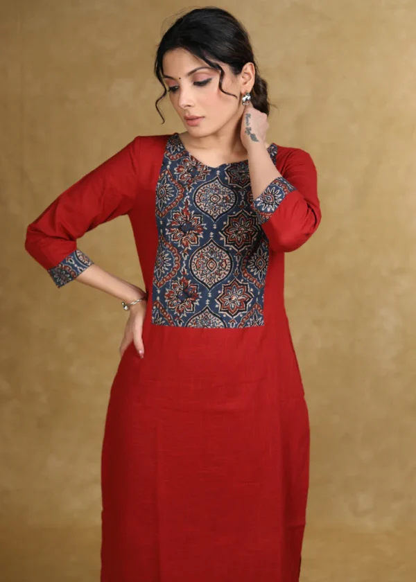SMART RED COTTON KURTI WITH BLUE AJRAKH YOKE