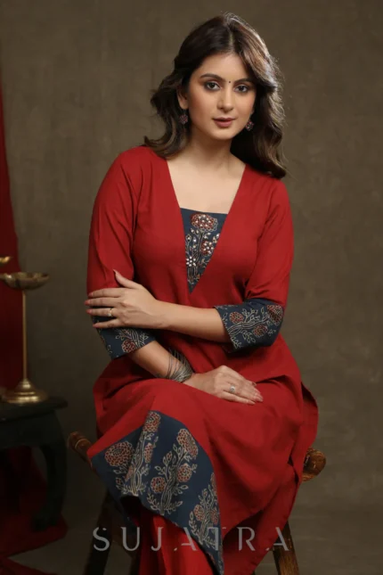 STYLISH Red COTTON AJRAKH COMBINATION KURTI WITH PEARL EMBELLISHMENTS