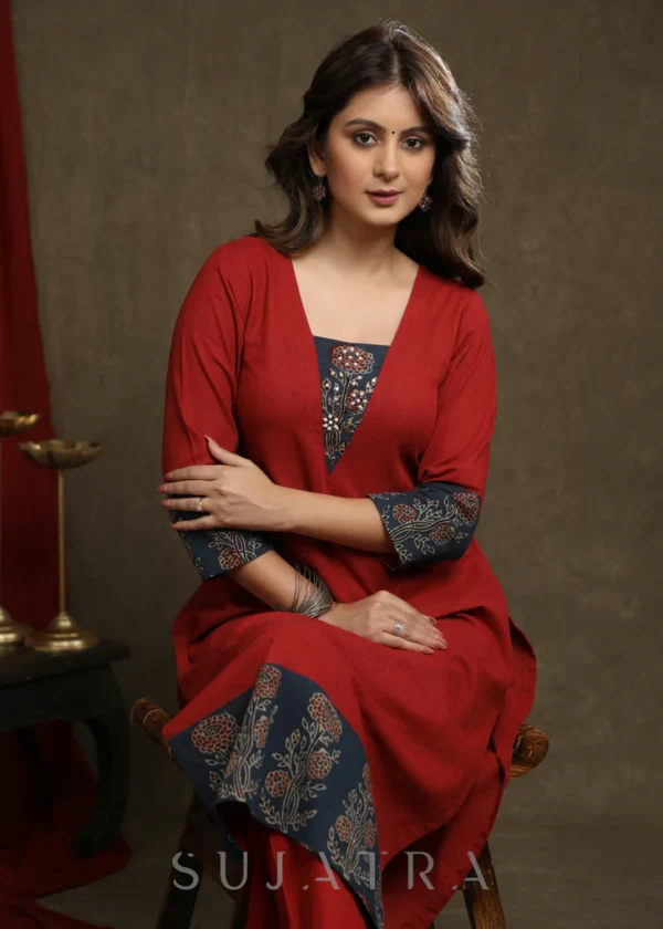 STYLISH Red COTTON AJRAKH COMBINATION KURTI WITH PEARL EMBELLISHMENTS