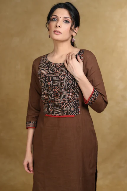 TRENDY COFFEE BROWN COTTON KURTI WITH AJRAKH YOKE