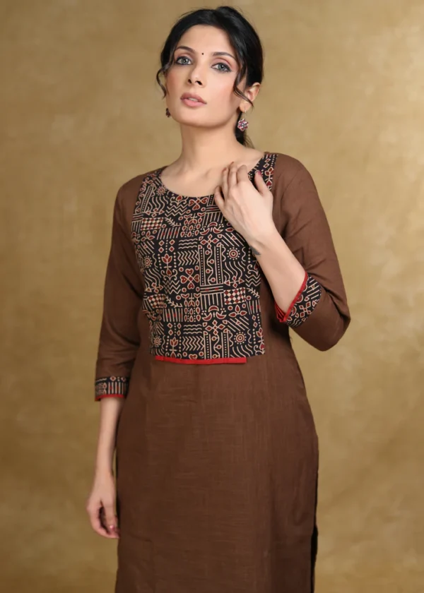 TRENDY COFFEE BROWN COTTON KURTI WITH AJRAKH YOKE