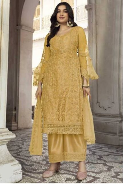YELLOW COLOUR DESIGNER PARTY WEAR SUIT WITH BEAUTIFUL EMBROIDERY WORK