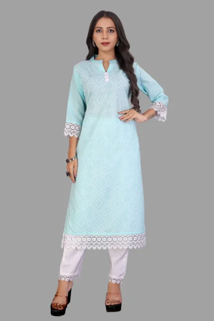 DESIGNER KURTI COTTON AQUA BLUE EMBROIDERED KURTIS