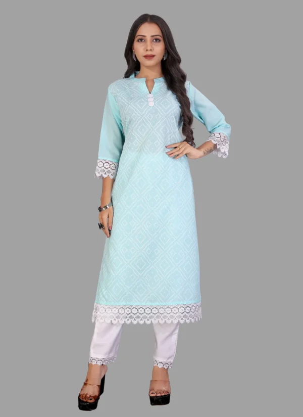 DESIGNER KURTI COTTON AQUA BLUE EMBROIDERED KURTIS