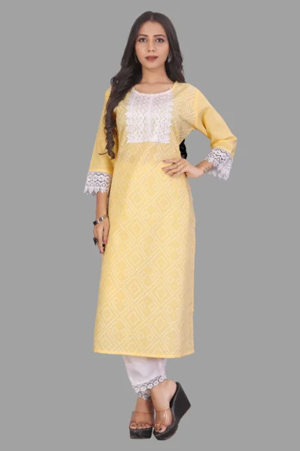DESIGNER KURTI COTTON YELLOW EMBROIDERED KURTIS