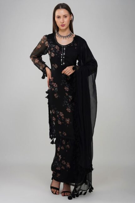 Black Georgette Mirror Embroidered Designer Suit Set
