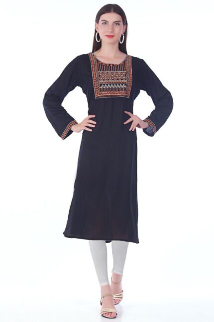 Black Rayon Straight Embroidered Kurti