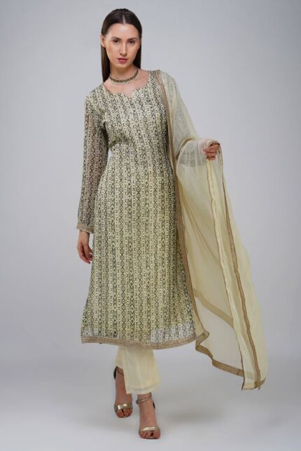 Cream Aztec Stripe Print Straight Designer Suit Set
