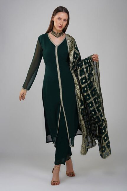 Dark Green Georgette Jacqaurd Designer Suit Set