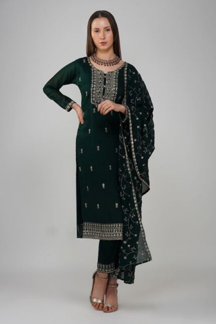 Dark Green Silk Embroidered Designer Suit Set