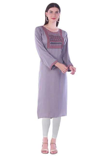 Grey Rayon Straight Embroidered Kurti