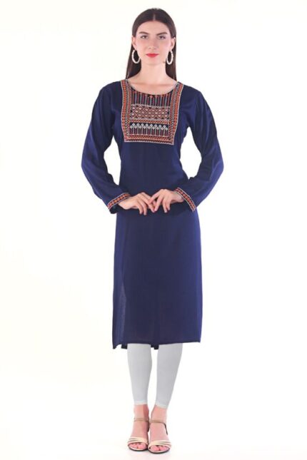Navy Blue Rayon Straight Embroidered Kurti