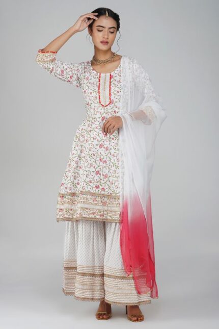 White Rayon Embroidered Peplum Designer Suit Set