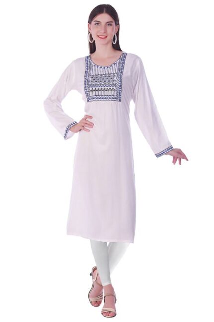 White Rayon Straight Embroidered Kurti